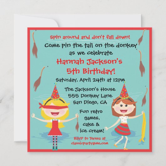 レトロロバの誕生日パーティーにしっぽを留める 招待状 (正面)