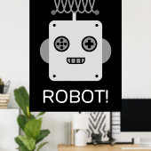 レトロロボットの顔と遊び心のあるアンテナ ポスター (ホームオフィス)