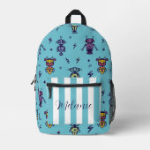 レトロロボットカラフルの青い名前 プリントバックパック (正面)