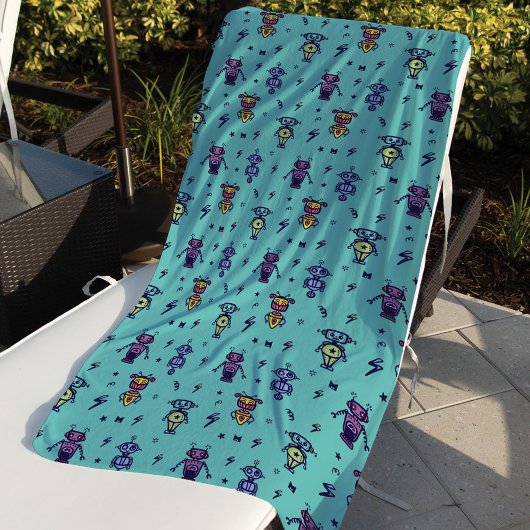 レトロロボットカラフルの青パターン ビーチタオル