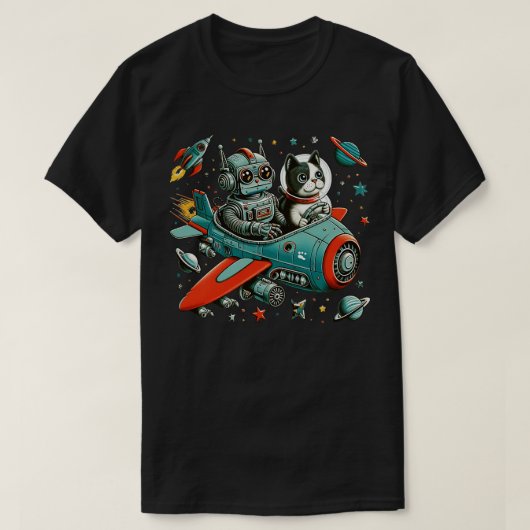 レトロロボット及び宇宙猫 Tシャツ (デザイン正面)