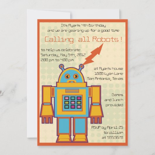 レトロロボット子供の誕生日招待状 -4 招待状 (正面)