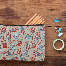 レトロロボット青と赤パターン（の模様が）ある アクセサリーポーチ