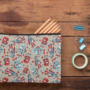 レトロロボット青と赤パターン（の模様が）ある アクセサリーポーチ