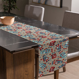 レトロロボット青と赤パターン（の模様が）ある ショートテーブルランナー
