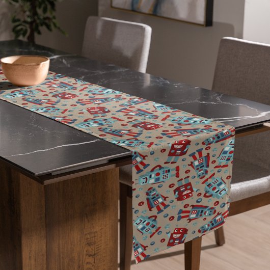 レトロロボット青と赤パターン(の模様が)ある ショートテーブルランナー