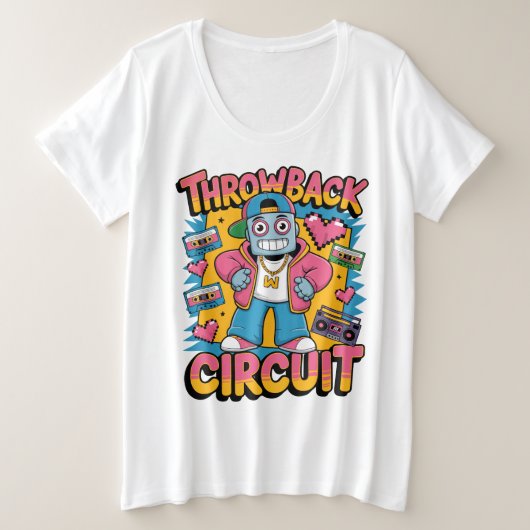 レトロロボット90sヒップホップデザイン-おもしろい漫画スロー プラスサイズTシャツ (デザイン正面)