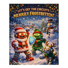 レトロロボット クリスマス スノーボールファイト グリーティング ポスター