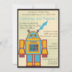レトロロボット – 子供の誕生日招待–6 招待状