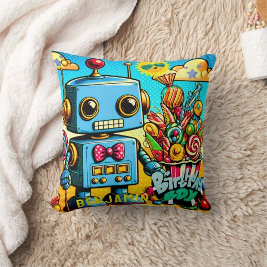 レトロロボット 誕生日おめでとう オーダーメイド クッション (ブランケット)