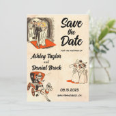 レトロロマンチックなカップル漫画結婚式の日付を保存 招待状 (スタンド正面)