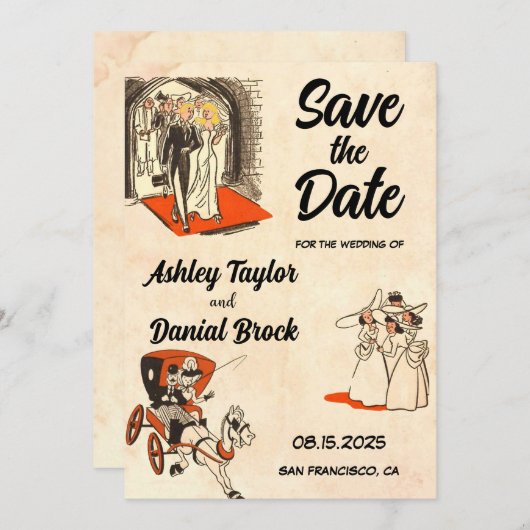レトロロマンチックなカップル漫画結婚式の日付を保存 招待状 (正面/裏面)