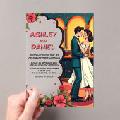 レトロロマンチックカップル漫画スタイル結婚 アクリル招待状 (インサイチュ (ポータブル))