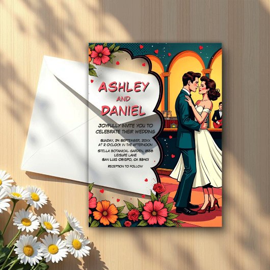 レトロロマンチックカップル漫画スタイル結婚 アクリル招待状