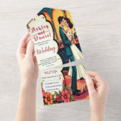 レトロロマンチックカップル漫画スタイル結婚 オールインワン招待状 (貼ってはがせる)