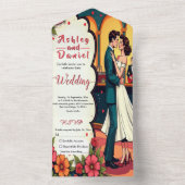 レトロロマンチックカップル漫画スタイル結婚 オールインワン招待状 (内側)