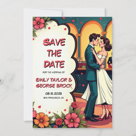 レトロロマンチックカップル漫画スタイル結婚 セーブザデート (正面)
