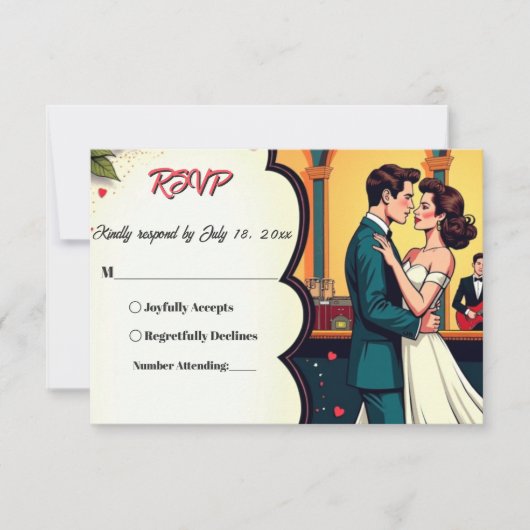 レトロロマンチックカップル漫画スタイル結婚 出欠カード (正面)