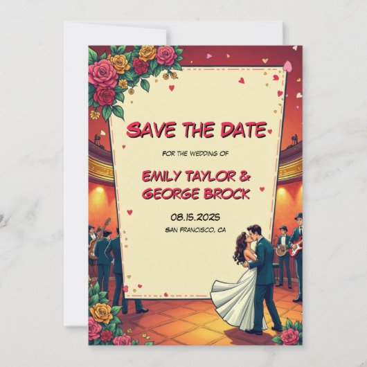 レトロロマンチックカップル漫画ブックスタイル結婚ズ セーブザデート (正面)