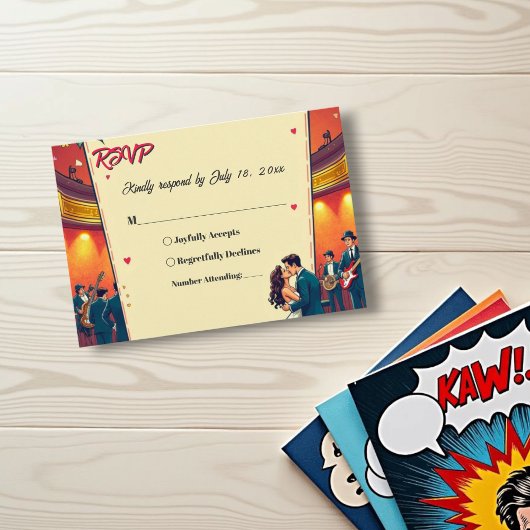 レトロロマンチックカップル漫画ブックスタイル結婚ズ 出欠カード