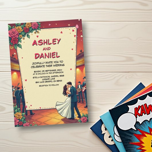 レトロロマンチックカップル漫画ブックスタイル結婚ズ 招待状