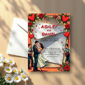 レトロロマンチックカップル踊り漫画スタイル結婚ズ アクリル招待状