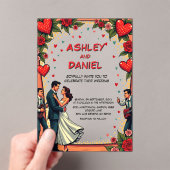 レトロロマンチックカップル踊り漫画スタイル結婚ズ アクリル招待状 (インサイチュ (ポータブル))