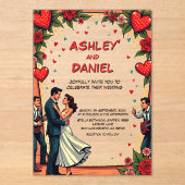 レトロロマンチックカップル踊り漫画スタイル結婚ズ アクリル招待状 (正面)