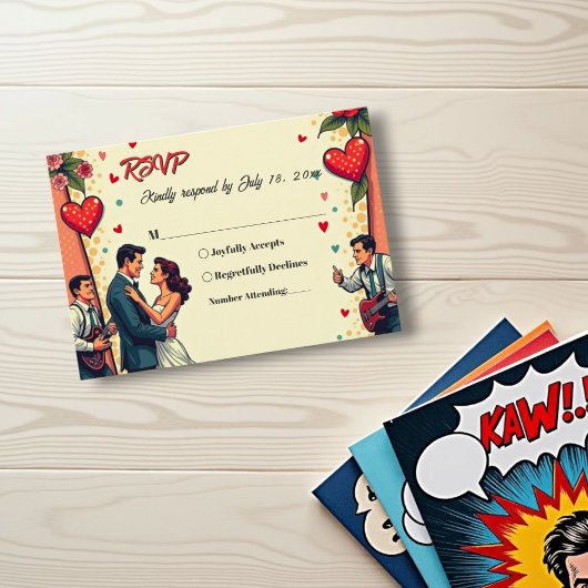 レトロロマンチックカップル踊り漫画スタイル結婚ズ 出欠カード