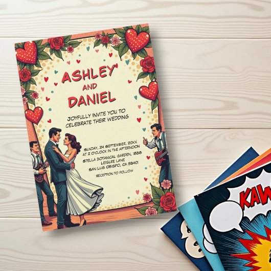 レトロロマンチックカップル踊り漫画スタイル結婚ズ 招待状