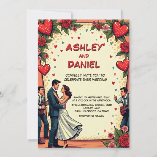 レトロロマンチックカップル踊り漫画スタイル結婚ズ 招待状 (正面)