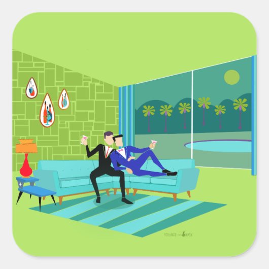 レトロロマンチックゲイカップルのシール スクエアシール (正面)