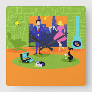 レトロロマンチック夕べカップルの壁時計 スクエア壁時計