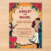 レトロロマンチック新郎新婦漫画スタイル結婚ズ アクリル招待状 (正面)