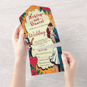 レトロロマンチック新郎新婦漫画スタイル結婚ズ オールインワン招待状 (貼ってはがせる)