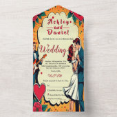 レトロロマンチック新郎新婦漫画スタイル結婚ズ オールインワン招待状 (内側)