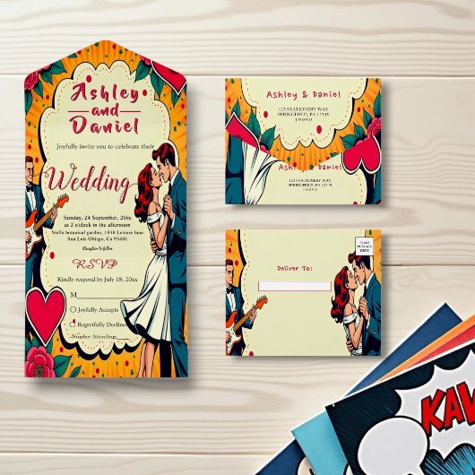 レトロロマンチック新郎新婦漫画スタイル結婚ズ オールインワン招待状