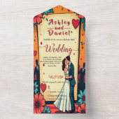 レトロロマンチック新郎新婦漫画ブック結婚ズ オールインワン招待状 (内側)