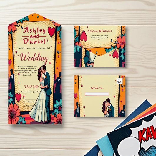 レトロロマンチック新郎新婦漫画ブック結婚ズ オールインワン招待状