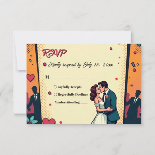 レトロロマンチック新郎新婦漫画ブック結婚ズ 出欠カード (正面)