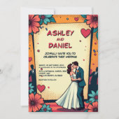 レトロロマンチック新郎新婦漫画ブック結婚ズ 招待状 (正面)