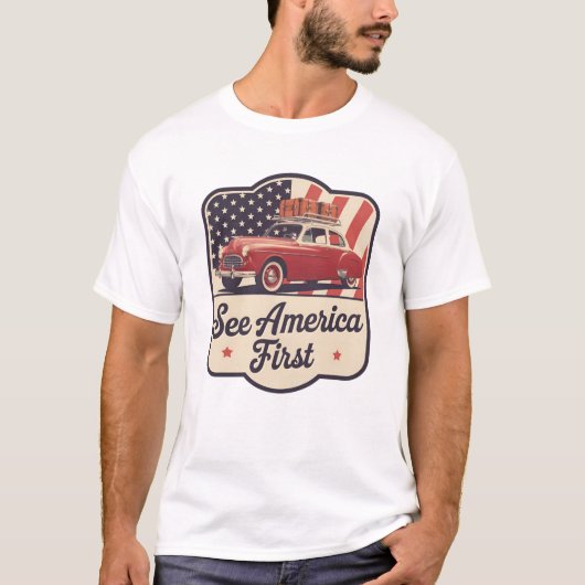 レトロロードトリップUSA 7月4日Patriotic Tシャツ (正面)