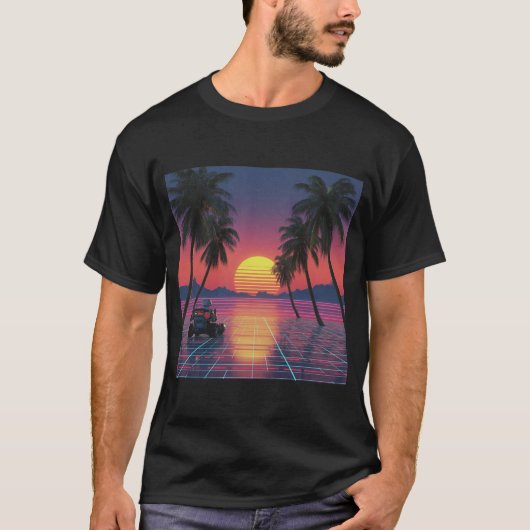 レトロローバーがネオンサンセットを見つめる Tシャツ (正面)