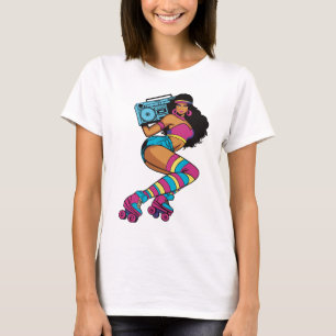 レトロローラスケートで滑るウーマンとBoombox - 70s Vibe Tシャツ
