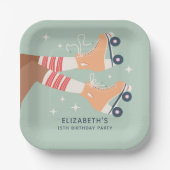 レトロローラスケートで滑るガールズバースデーパーティー ペーパープレート (正面)