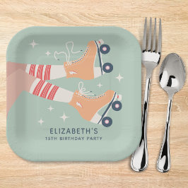 レトロローラスケートで滑るガールズバースデーパーティー ペーパープレート