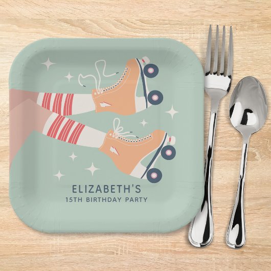 レトロローラスケートで滑るガールズバースデーパーティー ペーパープレート