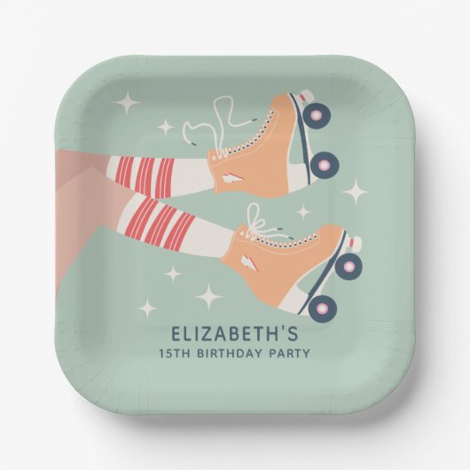 レトロローラスケートで滑るガールズバースデーパーティー ペーパープレート (正面)