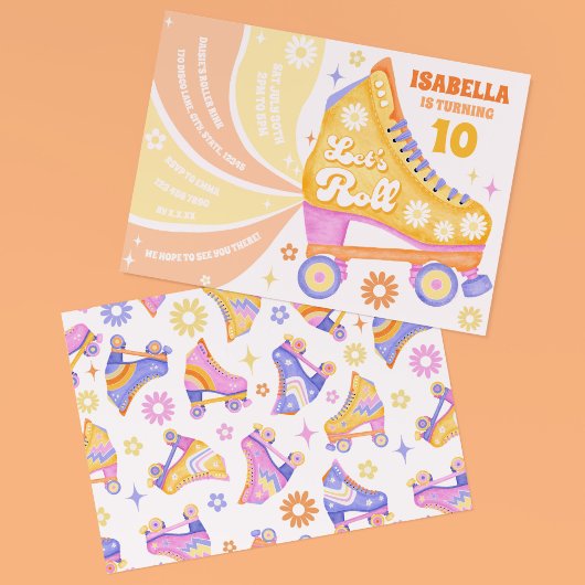 レトロローラスケートで滑るディスコ誕生日パーティー 招待状