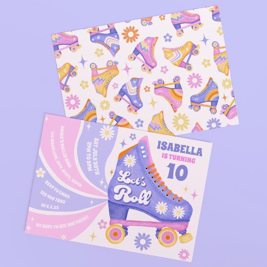 レトロローラスケートで滑るディスコ誕生日パーティー 招待状